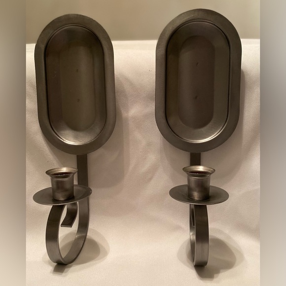 Vintage Pair of Single Taper Pewter Wall Sconces - Picture 2 of 6